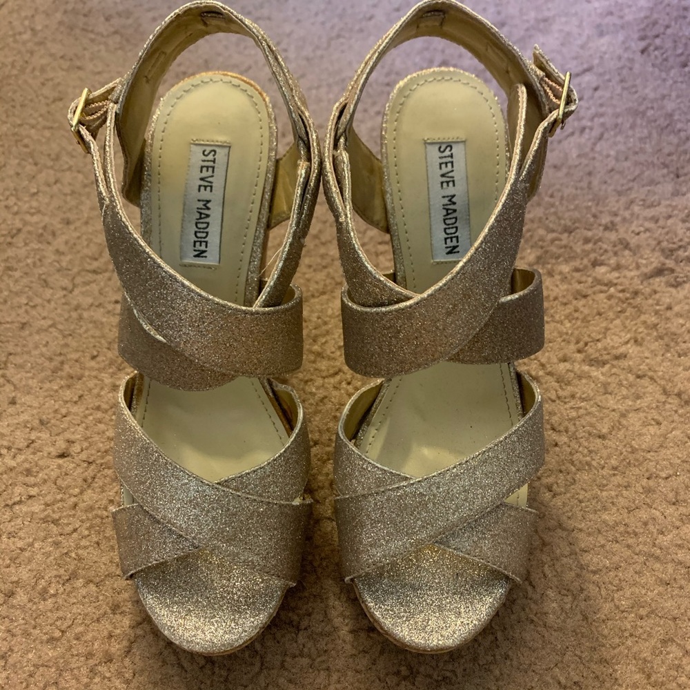 Steve Madden Gold Glitter Wedge Platform Heels